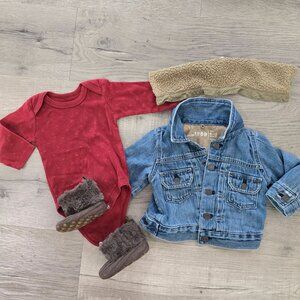 Baby Denim Jacket with removable fur collar body suit & Furry Booties Set  6-12m